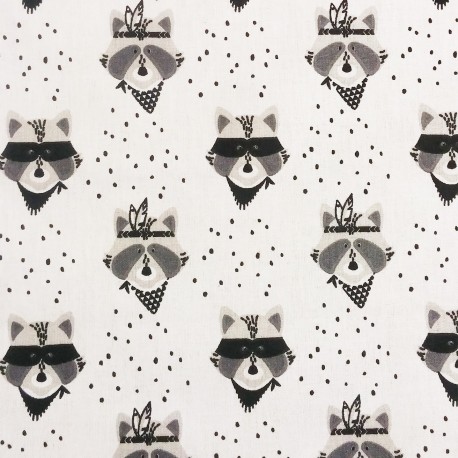 Tissu coton raton laveur gris et blanc indien cowboy Tissu coton raton laveur gris et blanc indien cowboy